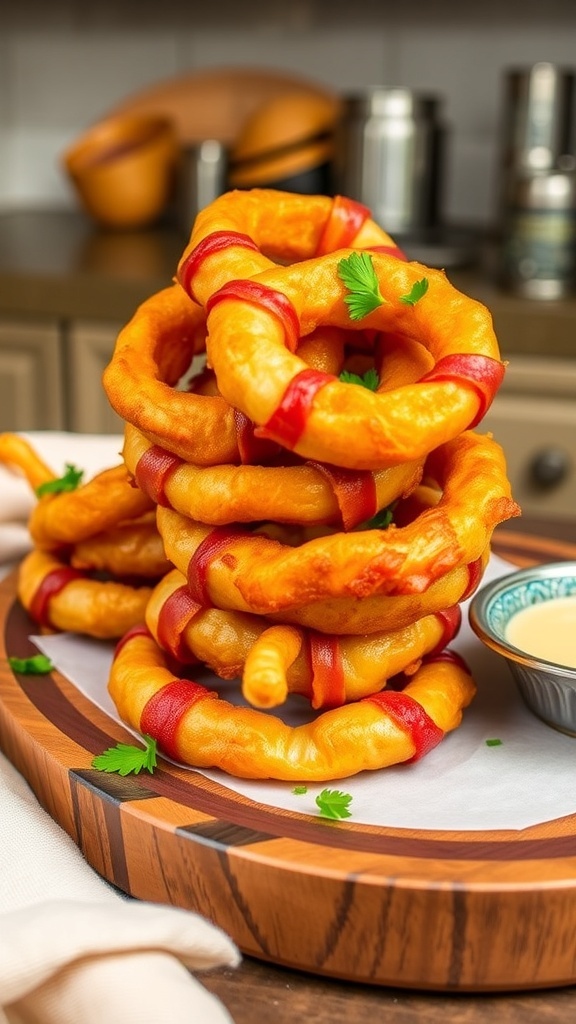 Crispy Bacon-Wrapped Onion Rings in Air Fryer Crispy bacon-wrapped onion rings on a wooden platter with dipping sauce.